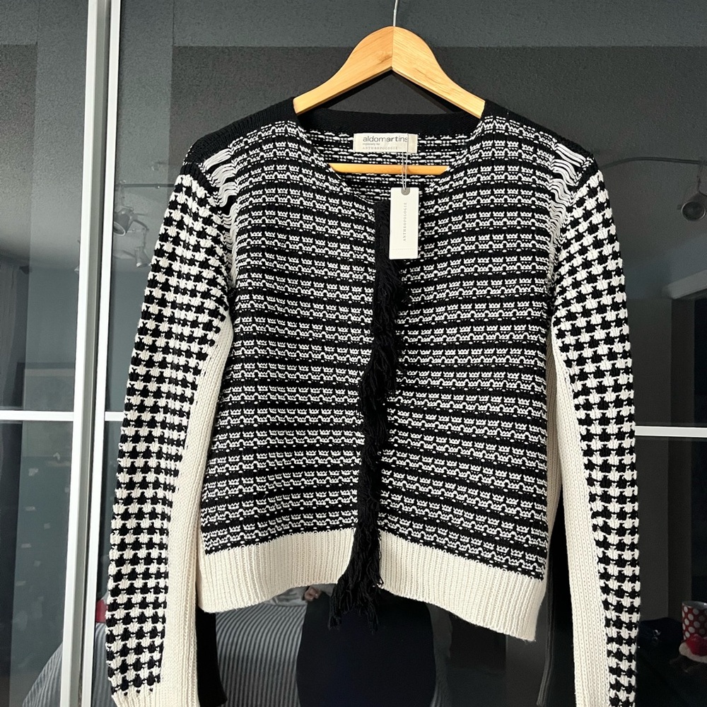 Anthropologie Aldomartins Black White Fringe Knit Cardigan Sweater NWT Size M